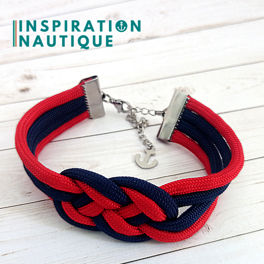 Bracelet marin avec noeud de carrick double, en paracorde 550 et acier inoxydable, Marine et rouge, Medium