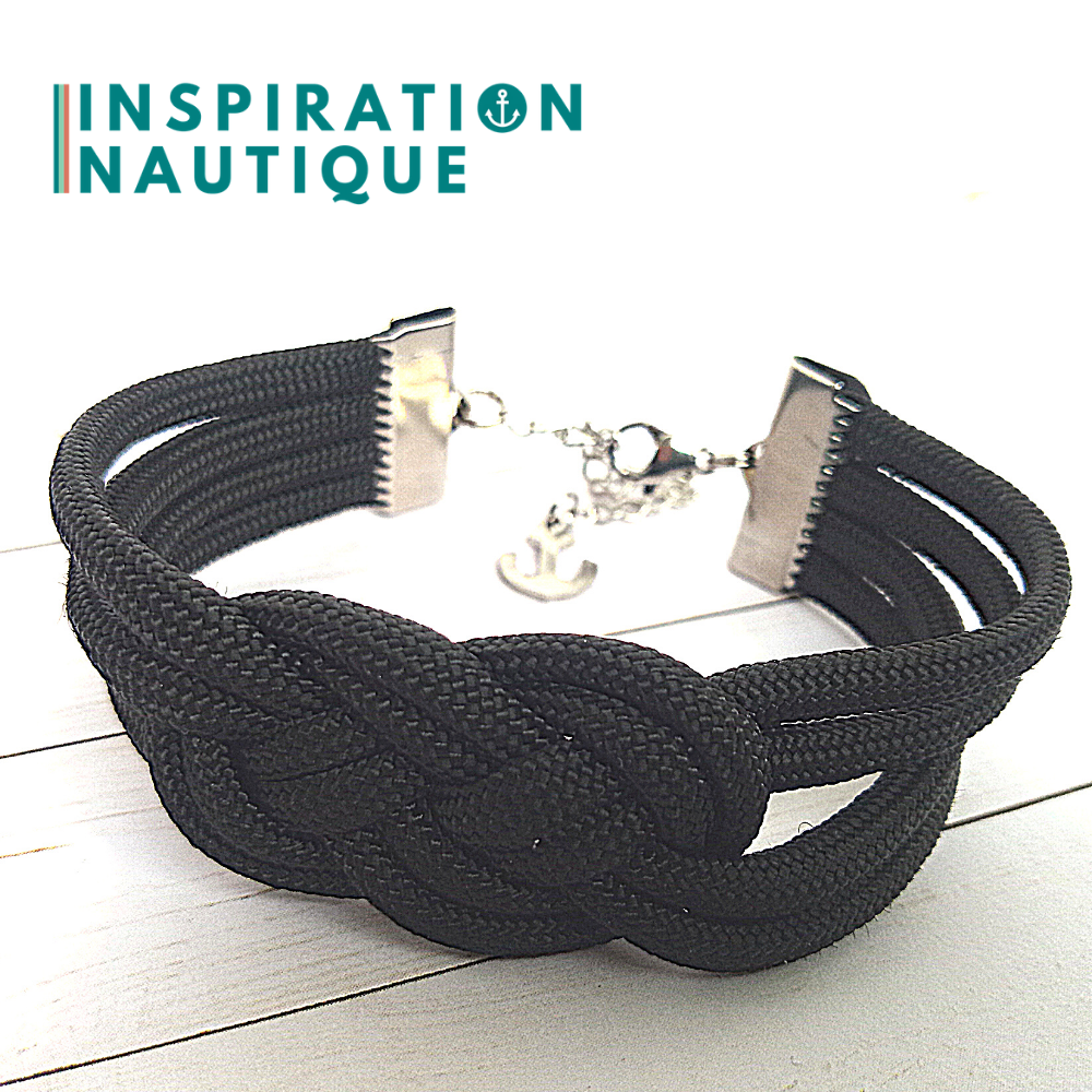 Bracelet marin avec noeud de carrick double, en paracorde 550 et acier inoxydable, Noir, Small