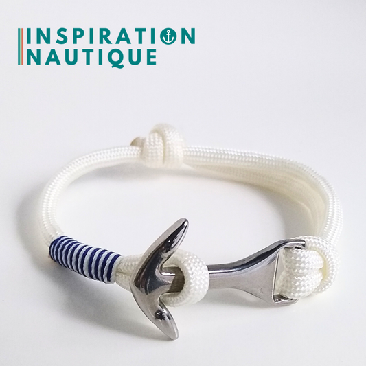 Bracelet ancre moyenne ajustable, Blanc, surliure marine et blanche, Medium