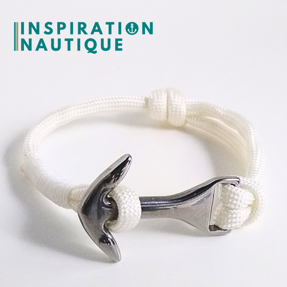 Bracelet marin avec ancre moyenne en paracorde 550 et acier inoxydable, ajustable, Blanc, surliure blanche, Small