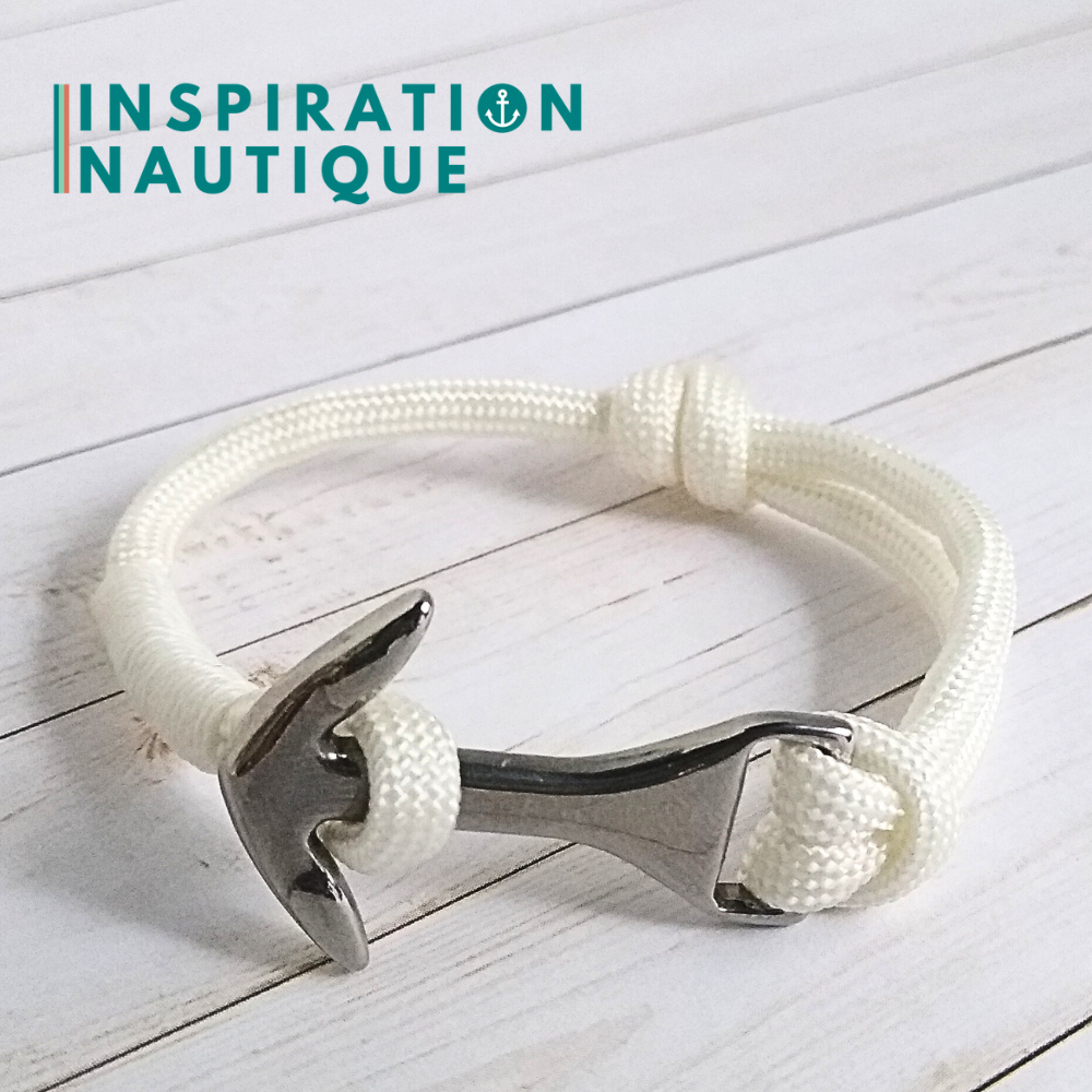 Bracelet marin avec ancre moyenne en paracorde 550 et acier inoxydable, ajustable, Blanc, surliure blanche, Small