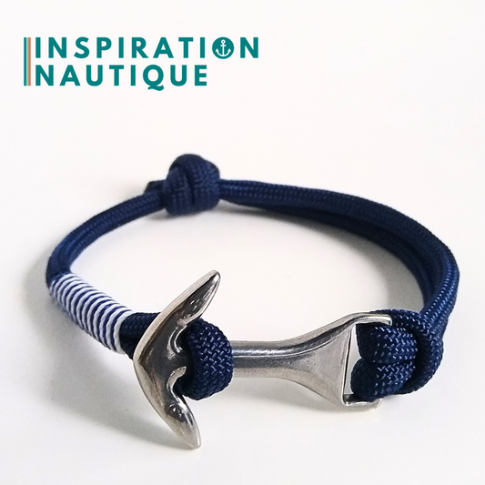 Bracelet ancre moyenne ajustable, Marine, surliure marine et blanche, Medium