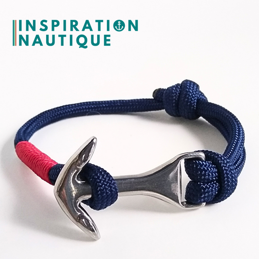 Bracelet ancre moyenne ajustable, Marine, surliure rouge, Medium