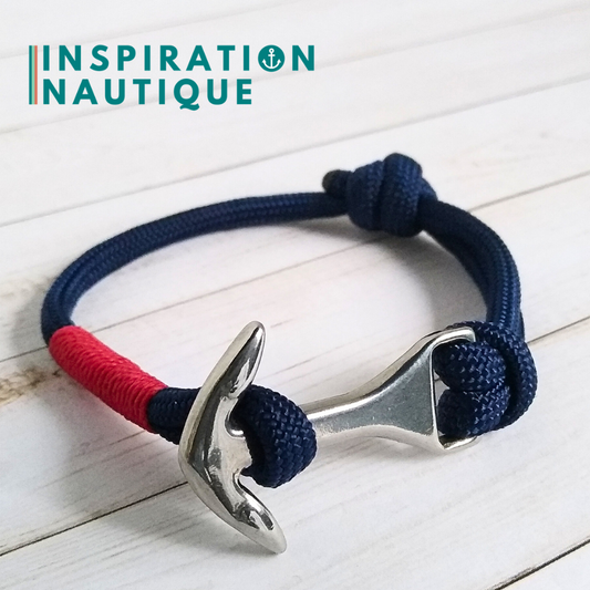 Bracelet ancre moyenne ajustable, Marine, surliure rouge, Small