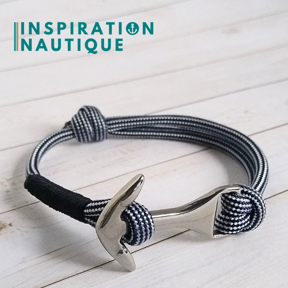 Bracelet marin avec ancre moyenne en paracorde 550 et acier inoxydable, ajustable, Marine et blanc ligné, surliure marine, Medium