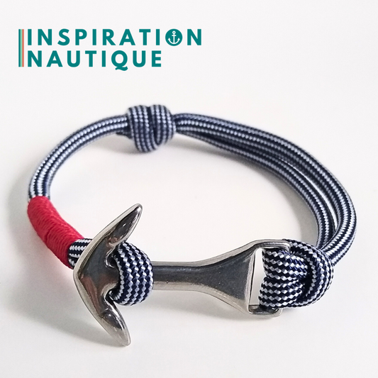 Bracelet ancre moyenne ajustable, Marine et blanc ligné, surliure rouge, Medium