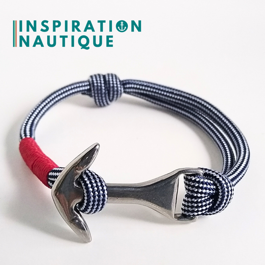 Bracelet marin avec ancre moyenne en paracorde 550 et acier inoxydable, ajustable, Marine et blanc ligné, surliure rouge, Medium