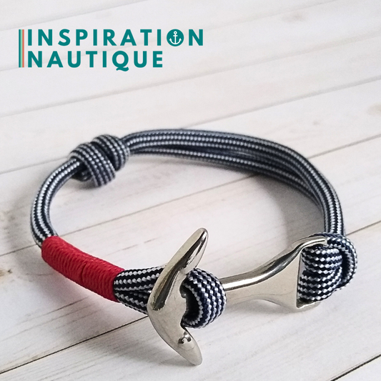 Bracelet marin avec ancre moyenne en paracorde 550 et acier inoxydable, ajustable, Marine et blanc ligné
