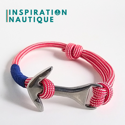 Bracelet ancre moyenne ajustable, Rouge et blanc ligné, surliure marine, Small