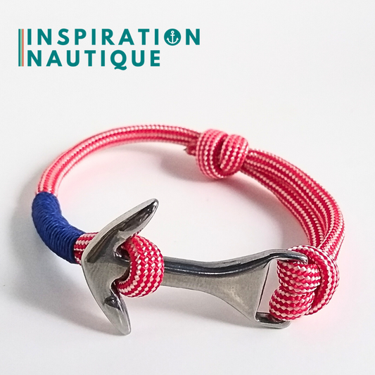 Bracelet marin avec ancre moyenne en paracorde 550 et acier inoxydable, ajustable, Rouge et blanc ligné, surliure marine, Small