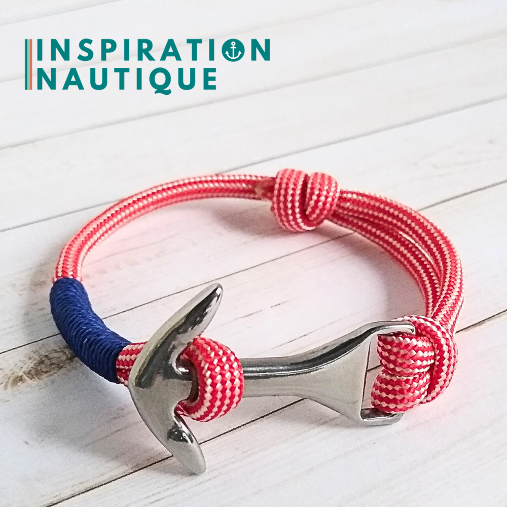 Bracelet marin avec ancre moyenne en paracorde 550 et acier inoxydable, ajustable, Rouge et blanc ligné