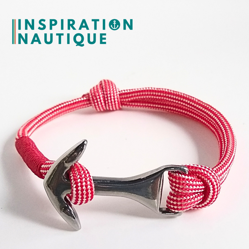 Bracelet marin avec ancre moyenne en paracorde 550 et acier inoxydable, ajustable, Rouge et blanc ligné, surliure rouge, Medium