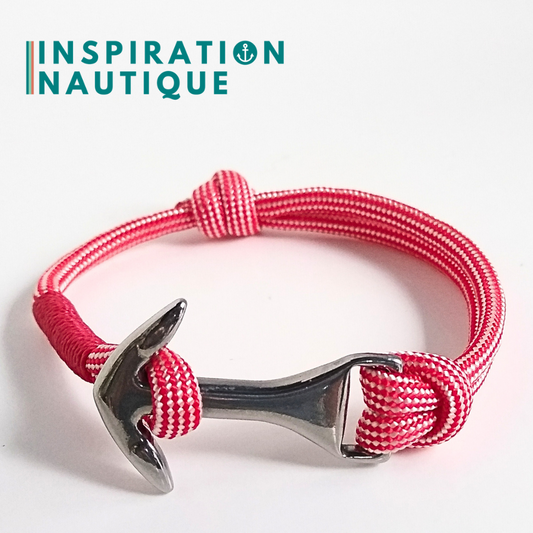 Bracelet ancre moyenne ajustable, Rouge et blanc ligné, surliure rouge, Medium