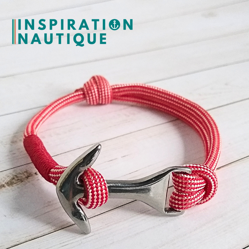 Bracelet marin avec ancre moyenne en paracorde 550 et acier inoxydable, ajustable, Rouge et blanc ligné, surliure rouge, Medium