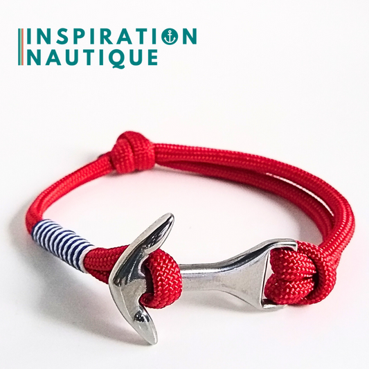 Bracelet ancre moyenne ajustable, Rouge, surliure marine et blanche, Medium