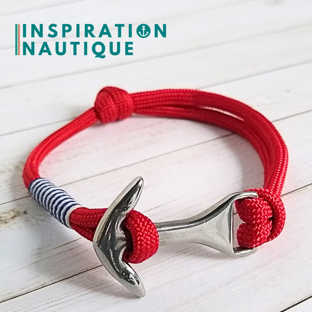 Bracelet marin avec ancre moyenne en paracorde 550 et acier inoxydable, ajustable, Rouge