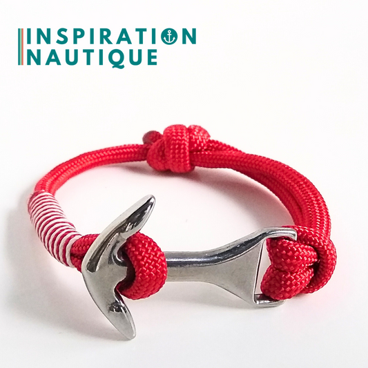 Bracelet ancre moyenne ajustable, Rouge, surliure rouge et blanche, Médium