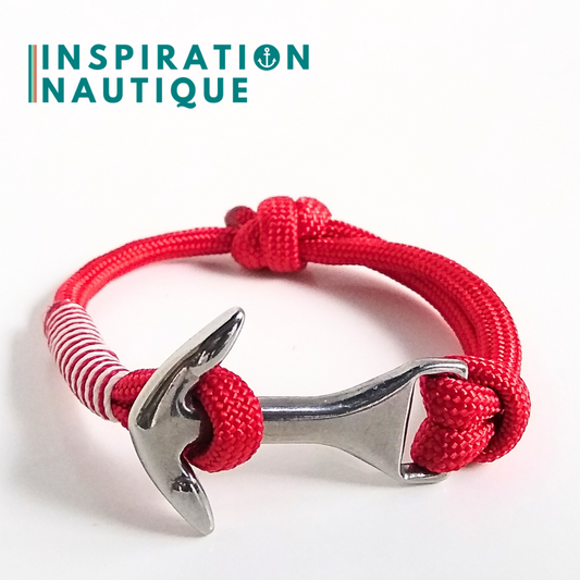 Bracelet marin avec ancre moyenne en paracorde 550 et acier inoxydable, ajustable, Rouge, surliure rouge et blanche, Médium