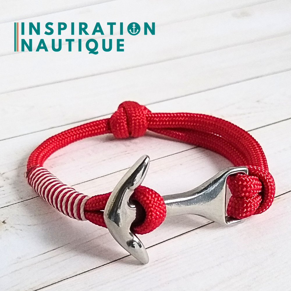 Bracelet marin avec ancre moyenne en paracorde 550 et acier inoxydable, ajustable, Rouge, surliure rouge et blanche, Médium