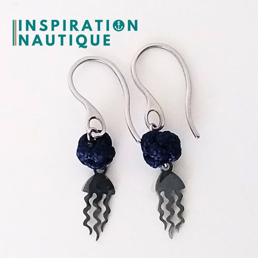 Earrings with rope ball and stainless steel jellyfish, Marines - Ready to ship