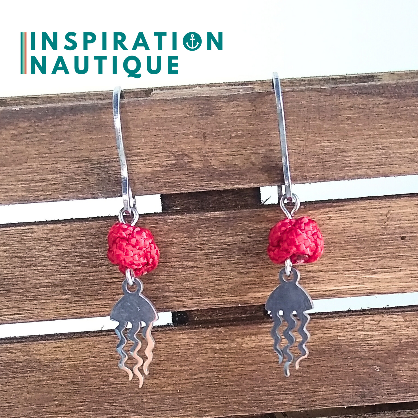 Earrings with rope ball and stainless steel jellyfish, Red - Ready to ship