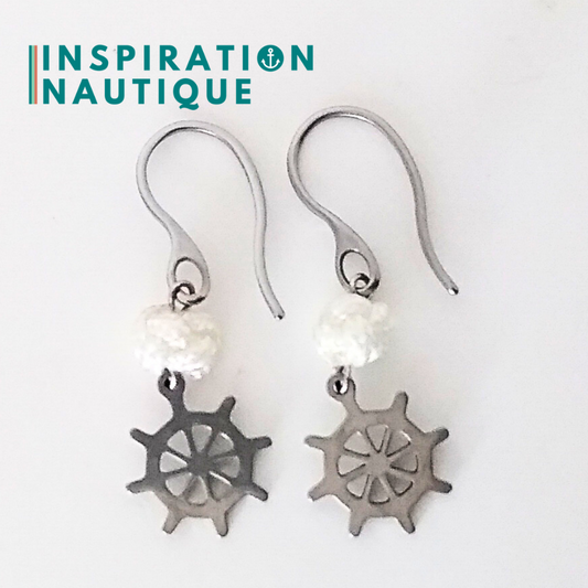 Earrings with rope ball and stainless steel wheel, White - Ready to ship