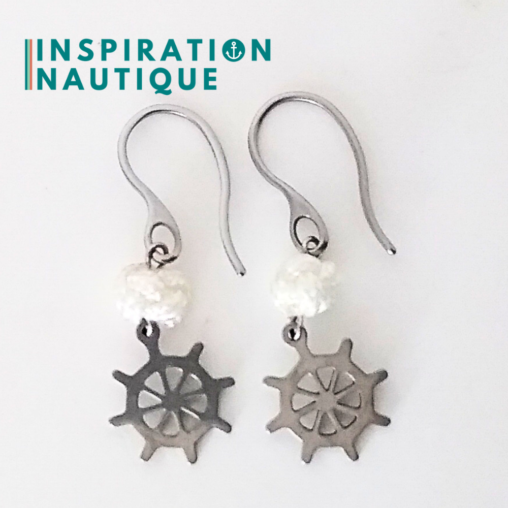 Boucles d'oreilles avec bille en corde et roue en acier inoxydable, Blanches