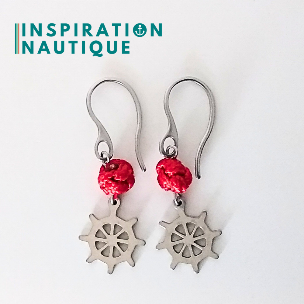 Boucles d'oreilles avec bille en corde et roue en acier inoxydable, Rouges