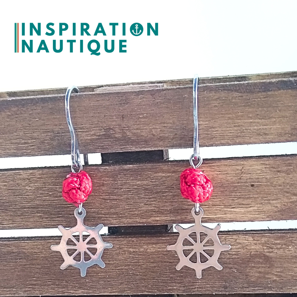 Earrings with rope ball and stainless steel wheel, Red - Ready to ship