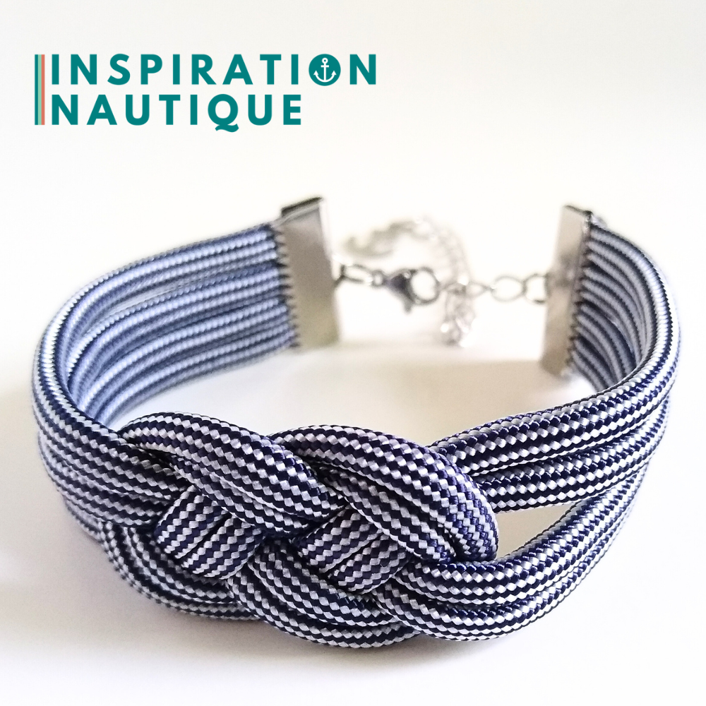 Bracelet marin avec noeud de carrick double unisexe, en paracorde 550 et acier inoxydable, Marine et blanc ligné