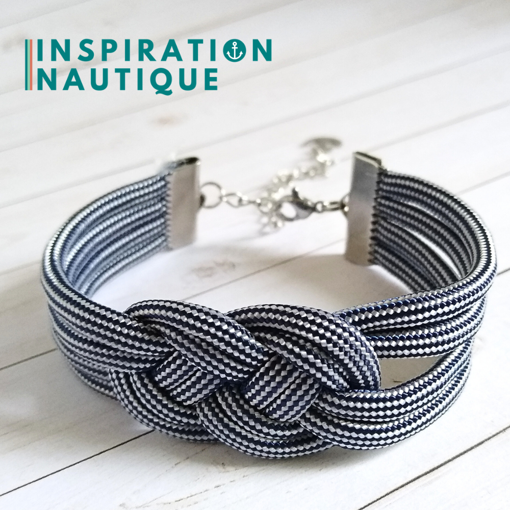 Bracelet marin avec noeud de carrick double, Marine et blanc ligné, Medium