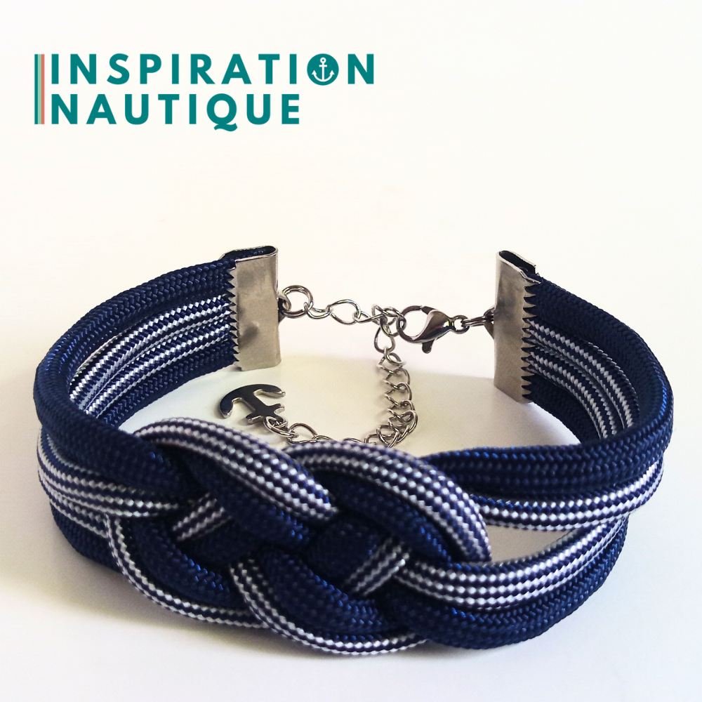 Bracelet marin avec noeud de carrick double unisexe, en paracorde 550 et acier inoxydable, marine et blanc ligné, et marine