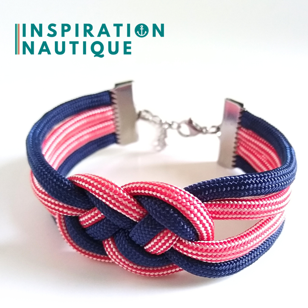 Bracelet marin avec noeud de carrick double unisexe, en paracorde 550 et acier inoxydable, Marine et rouge et blanc ligné