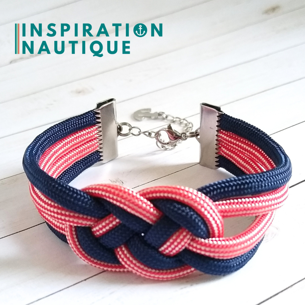 Bracelet marin avec noeud de carrick double, Marine et rouge et blanc ligné, Medium