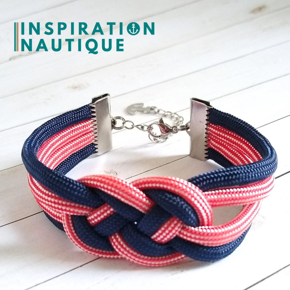 Bracelet marin avec noeud de carrick double unisexe, en paracorde 550 et acier inoxydable, Marine et rouge et blanc ligné