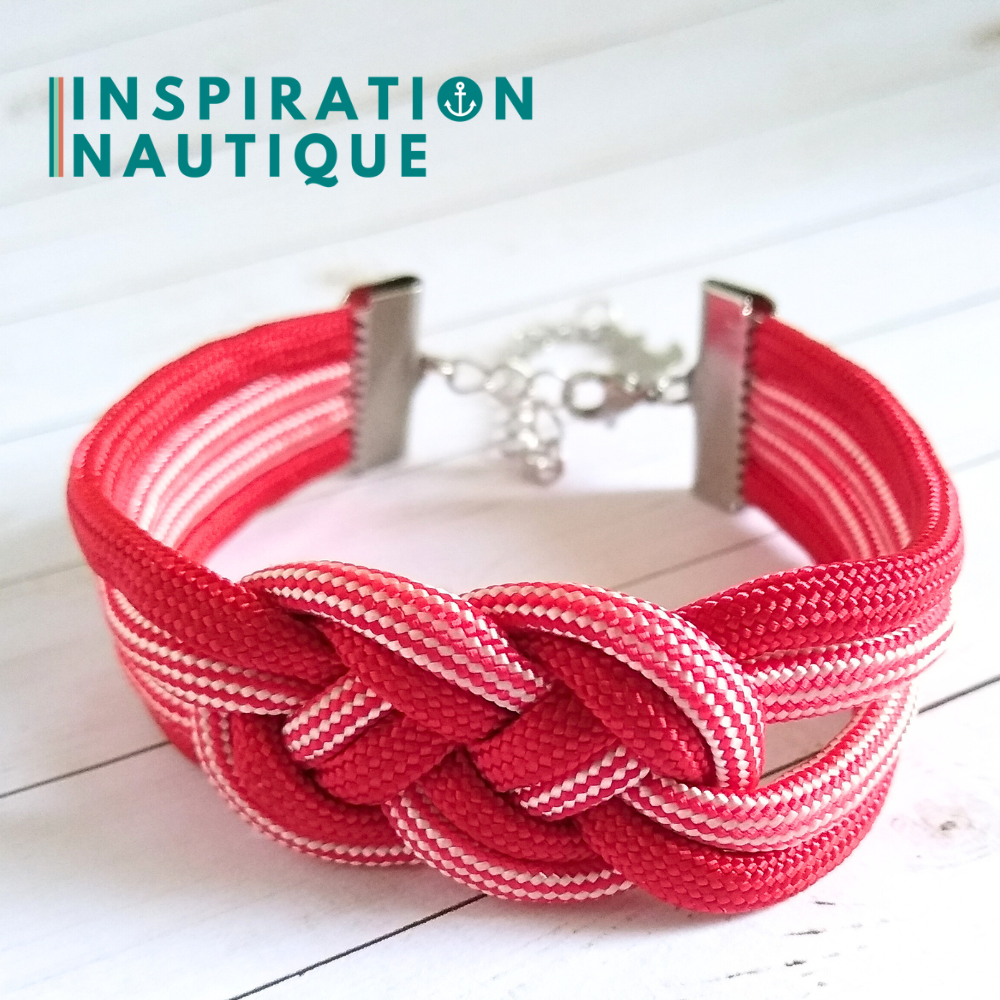 Bracelet marin avec noeud de carrick double, Rouge et rouge et blanc ligné, Medium