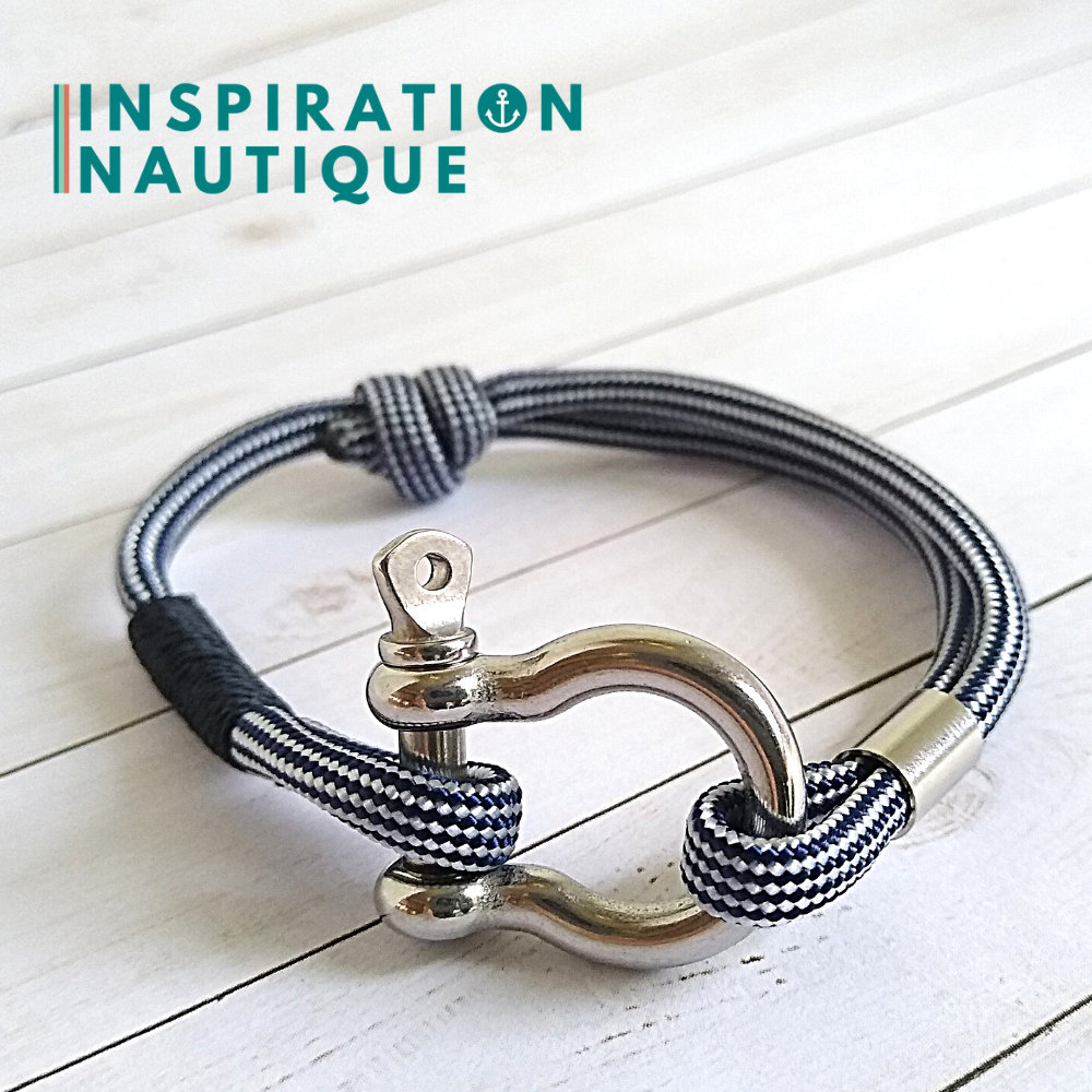 Bracelet marin avec manille en paracorde 550 et acier inoxydable, ajustable, Marine et blanc, ligné, surliure marine, Small