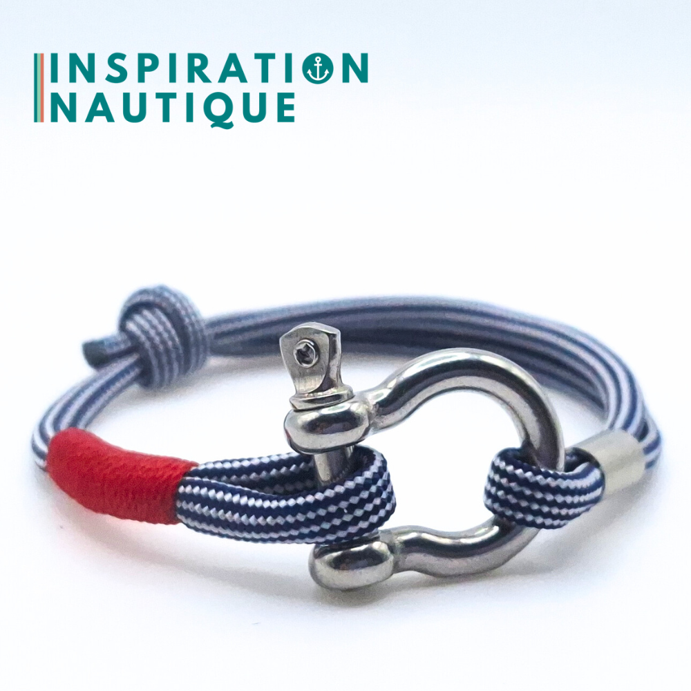 Bracelet marin avec manille en paracorde 550 et acier inoxydable, ajustable, Marine et blanc, ligné, surliure rouge, Medium