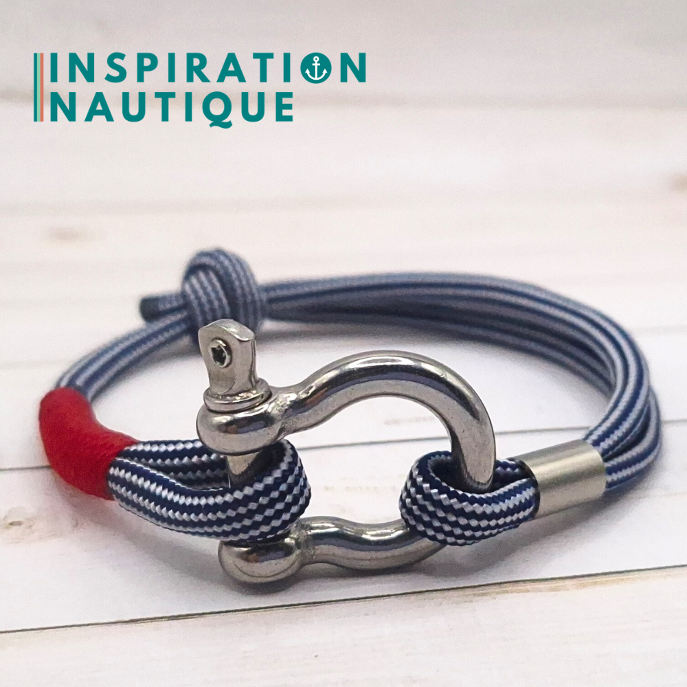 Bracelet marin avec manille en paracorde 550 et acier inoxydable, ajustable, Marine et blanc, ligné, surliure rouge, Medium