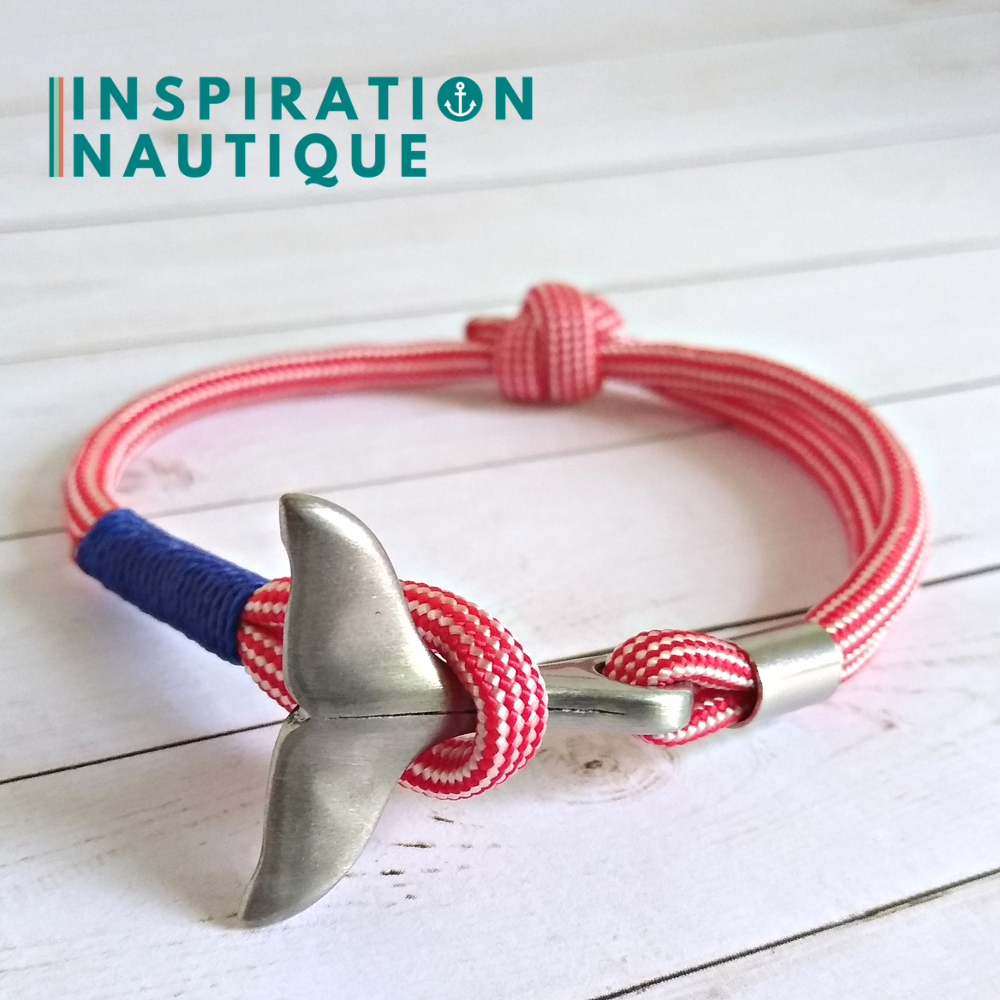 Bracelet marin avec queue de baleine en paracorde 550 et acier inoxydable, ajustable,  Rouge et blanc ligné, surliure marine, Medium