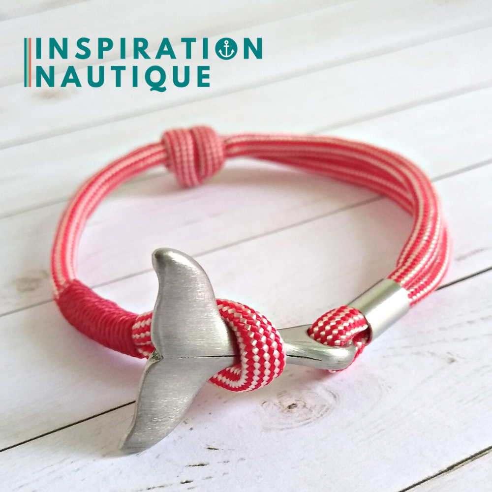 Bracelet marin avec queue de baleine en paracorde 550 et acier inoxydable, ajustable,  Rouge et blanc ligné, surliure rouge, Medium