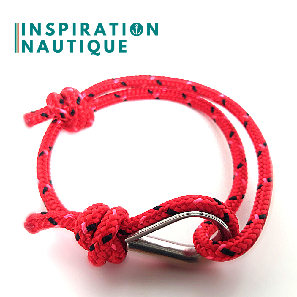 Bracelet marin avec cosse en cordage de bateau et acier inoxydable, Rouge avec traceurs noir et rose, Medium