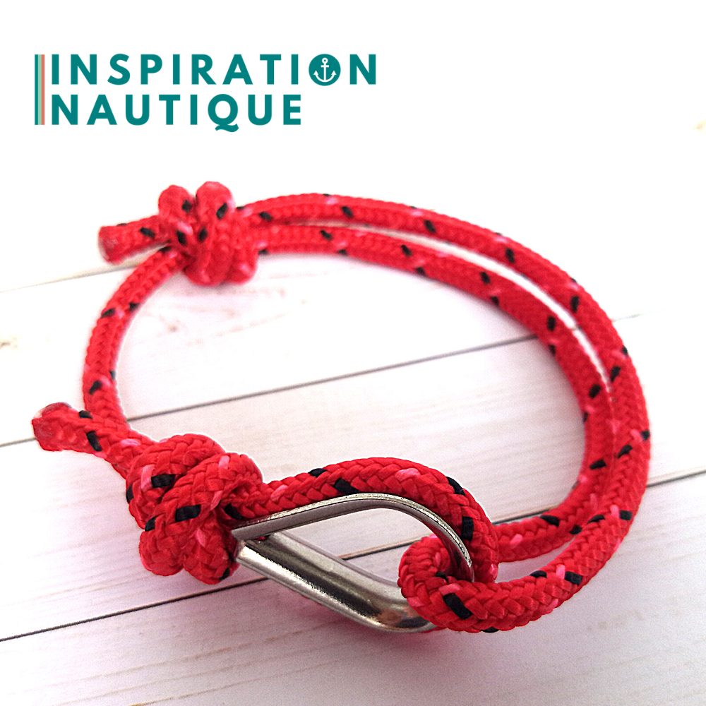 Bracelet marin avec cosse en cordage de bateau et acier inoxydable, Rouge avec traceurs noir et rose, Medium