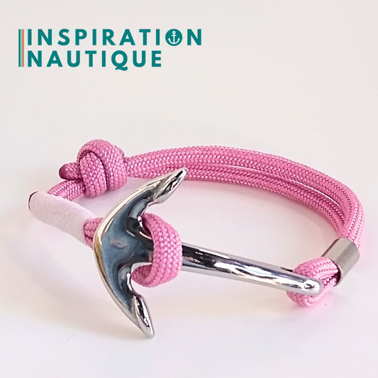 Bracelet marin avec ancre en paracorde 550 et acier inoxydable, ajustable, Lavande rose, surliure blanche, Medium
