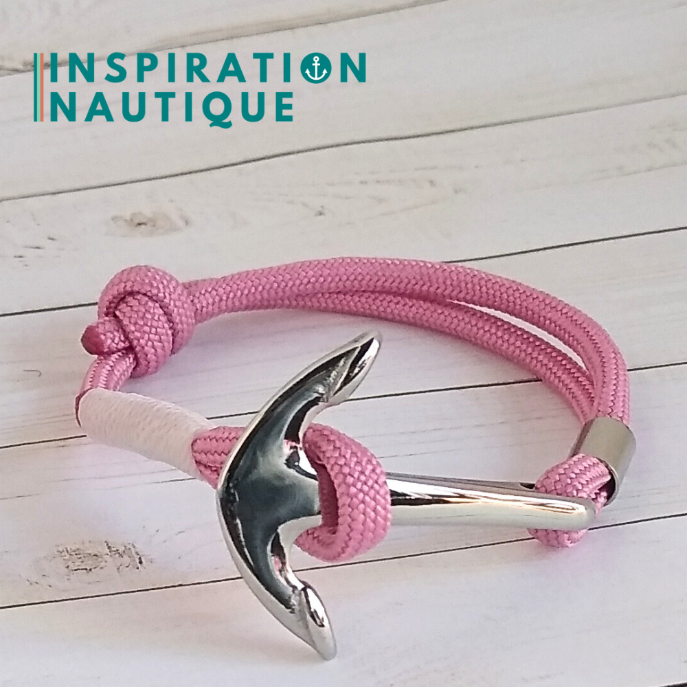 Bracelet marin avec ancre en paracorde 550 et acier inoxydable, ajustable, Lavande rose, surliure blanche, Medium