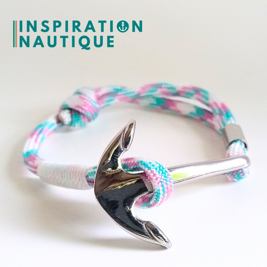 Bracelet marin avec ancre en paracorde 550 et acier inoxydable, ajustable, Turquoise, rose et blanc, surliure blanche, Medium