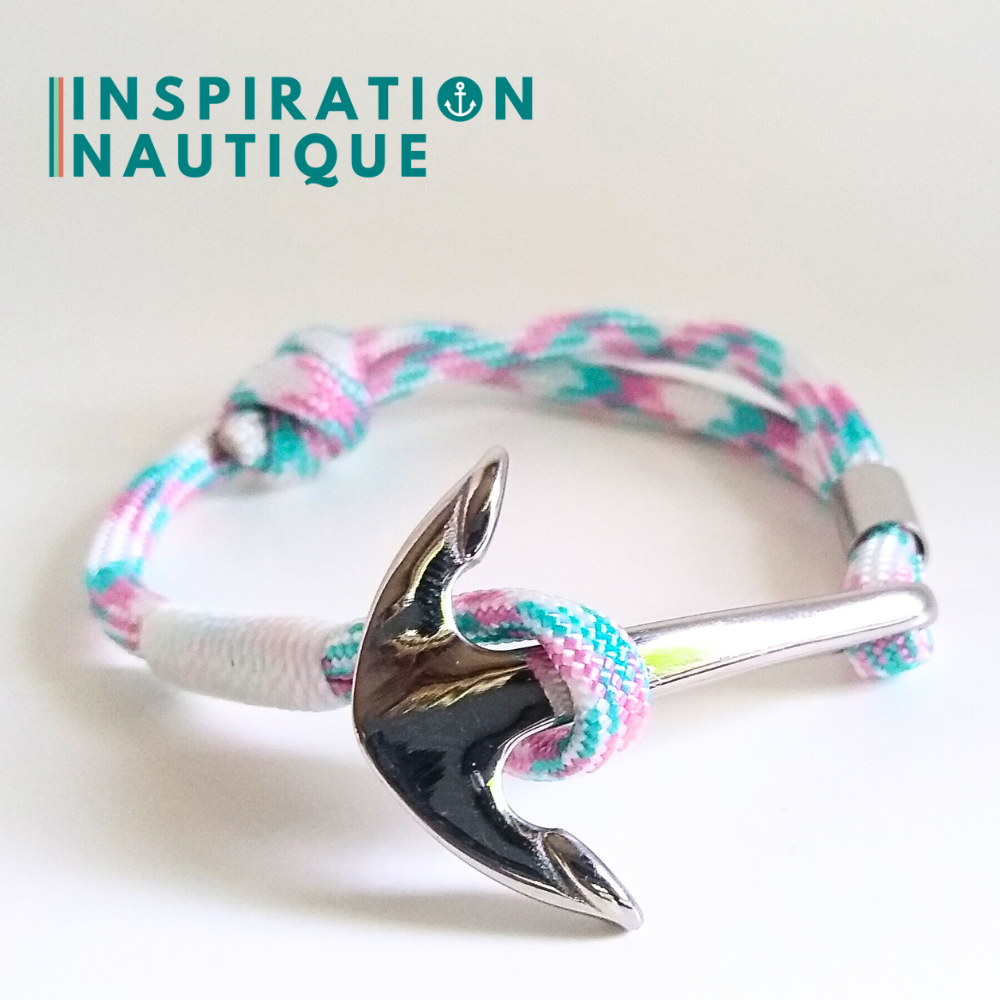 Bracelet marin avec ancre en paracorde 550 et acier inoxydable, ajustable, Turquoise, rose et blanc