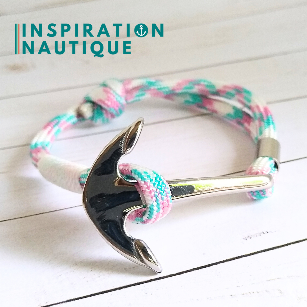 Bracelet marin avec ancre en paracorde 550 et acier inoxydable, ajustable, Turquoise, rose et blanc