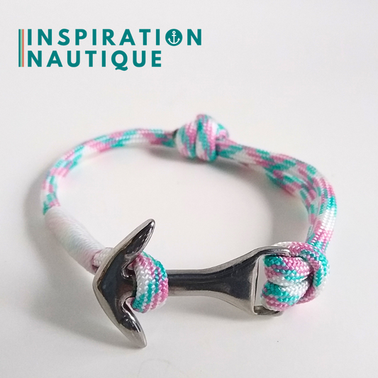 Bracelet marin avec ancre moyenne en paracorde 550 et acier inoxydable, ajustable, Turquoise, rose et blanc