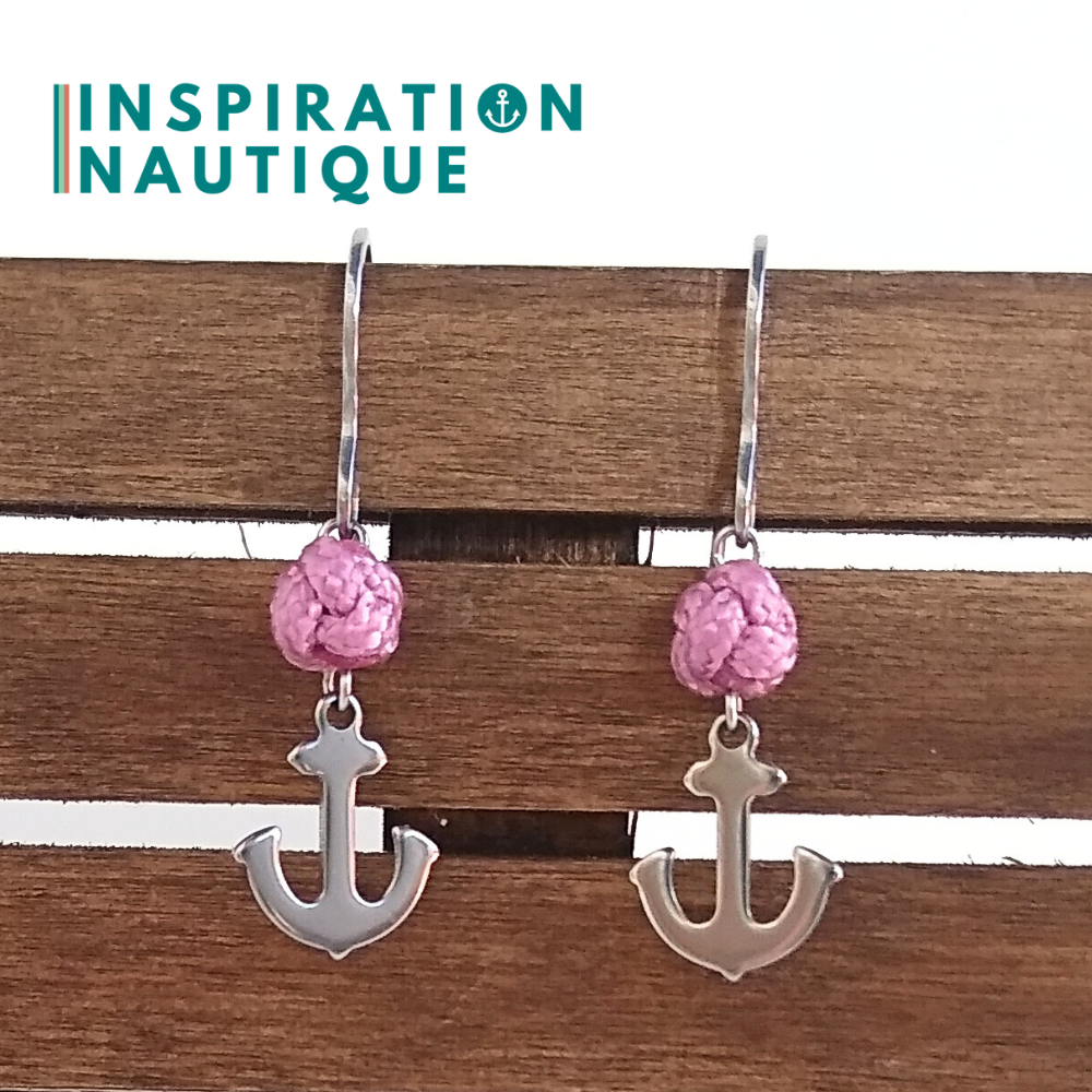 Boucles d'oreilles avec bille en corde et ancre en acier inoxydable, Lavande rose